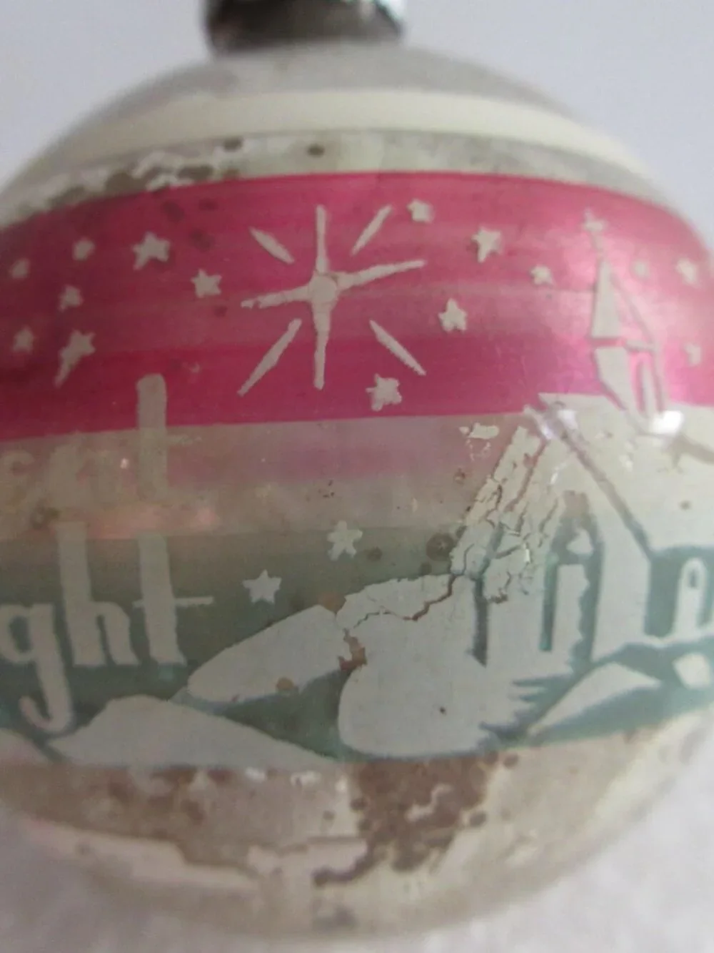 Shiny Brite Stencil Silent Night Pink Blue Striped Glass Christmas Ornament Vtg